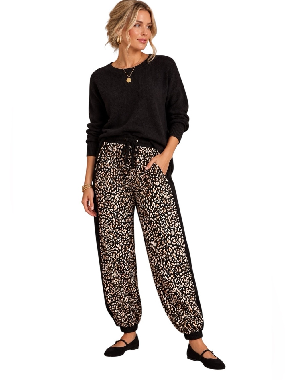 Umgee Black and Brown Animal Print Pull on Drawstring Jogger Pant